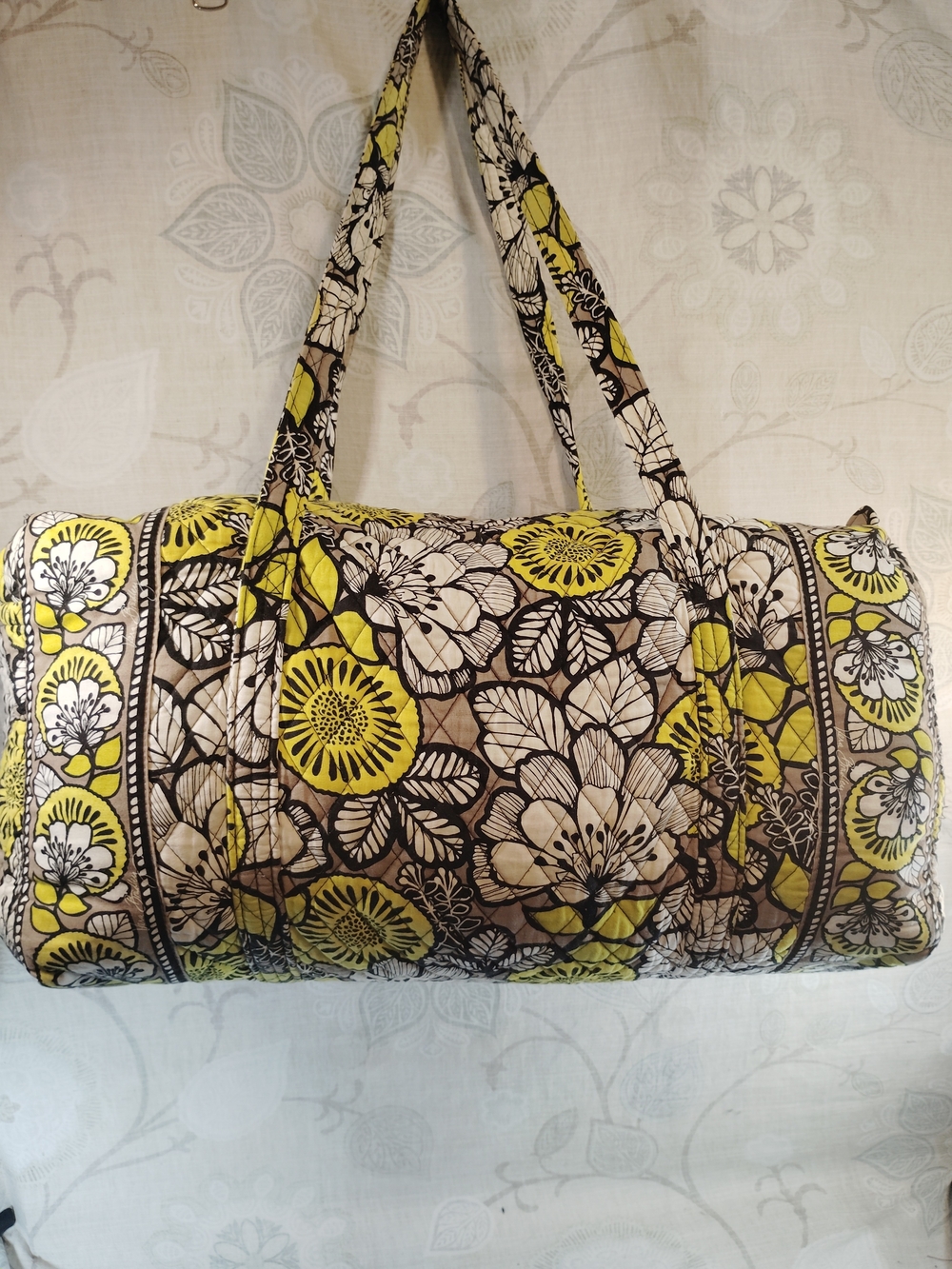 Vera Bradley Yellow Brown Floral Quilted  Large Duffel Bag